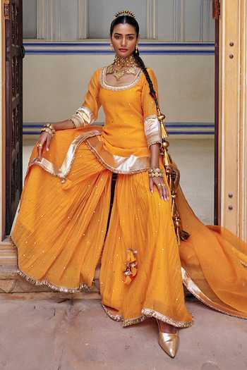 Buy_Preevin_Orange Organza, Chanderi Silk Round Neck Embroidered Kurta Sharara Set 