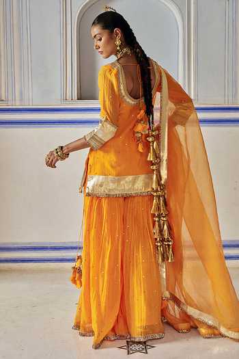 Shop_Preevin_Orange Organza, Chanderi Silk Round Neck Embroidered Kurta Sharara Set _at_Aza_Fashions