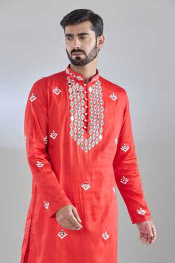 Buy_Arihant Rai Sinha_Red Cotton Satin Mirrors, Embroidery Kurta _at_Aza_Fashions