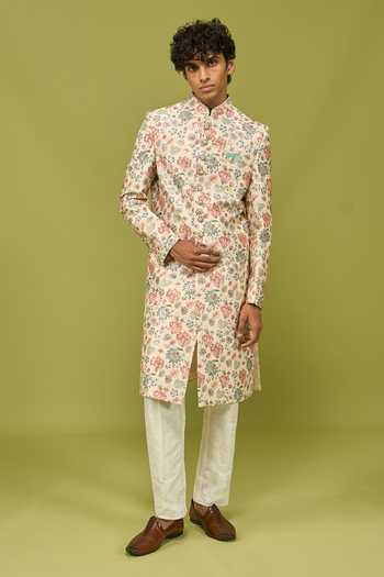Shop_Arihant Rai Sinha_Cream Silk, Dupion Sherwani Jacket And Pant Set _at_Aza_Fashions