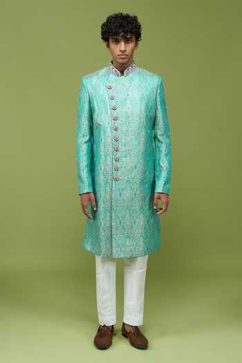 Shop_Arihant Rai Sinha_Green Silk, Dupion Mens Embroidered Banarasi Sherwani And Pant Set _at_Aza_Fashions