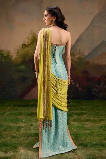 Shop_Muskann Kapadiaa_Blue Brocade Bandeau Neck Saawan Bandhani Pre-draped Saree With Corset _at_Aza_Fashions
