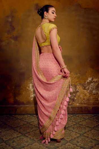 Shop_Muskann Kapadiaa_Pink Brocade Gulabo Banarasi Bandhani Saree _at_Aza_Fashions