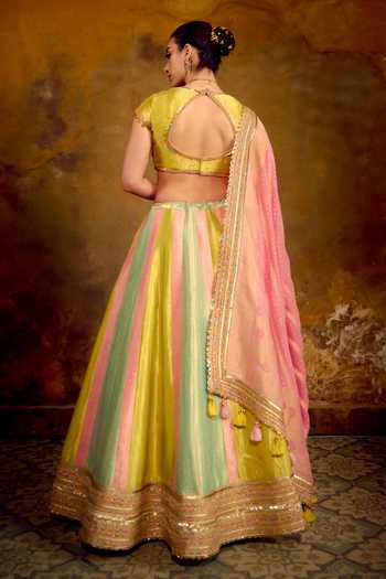 Shop_Muskann Kapadiaa_Multi Color Brocade Square Neck Pari Banarasi Lehenga Set _at_Aza_Fashions
