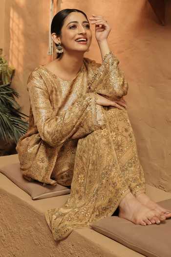 Buy_Surkh Syahi_Gold Crepe Sequins Round Neck Work Kurta And Palazzo Set _at_Aza_Fashions