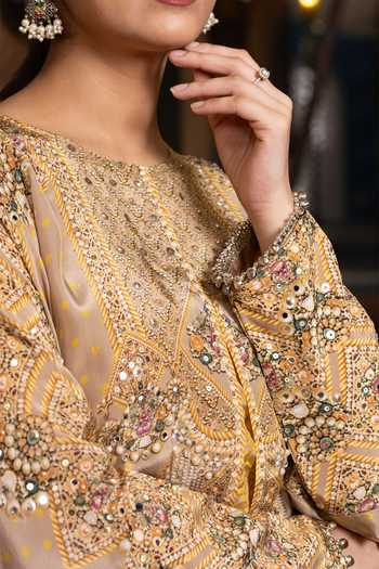 Buy_Surkh Syahi_Gold Crepe Round Neck Printed Cape And Polka Dot Palazzo Set _Online_at_Aza_Fashions