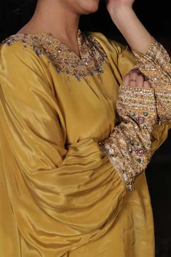 Surkh Syahi_Yellow Crepe Sequins, Beads, Mirrors Notched Embroidered Kaftan And Dhoti Pant Set _Online_at_Aza_Fashions