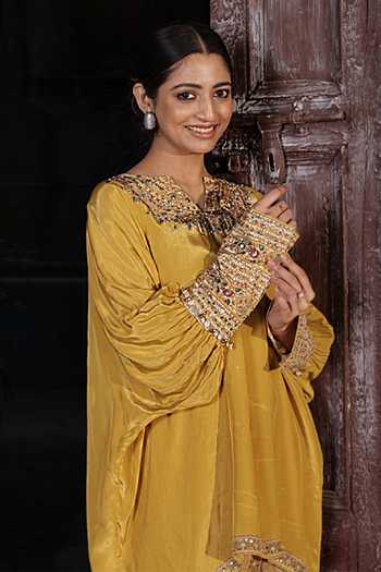 Buy_Surkh Syahi_Yellow Crepe Sequins, Beads, Mirrors Notched Embroidered Kaftan And Dhoti Pant Set _Online_at_Aza_Fashions