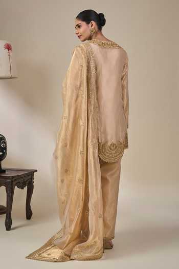 Shop_Masaba_Gold Silk, Tissue V-neck Kaju Katli Kahaani Embroidered Kurta Set _at_Aza_Fashions