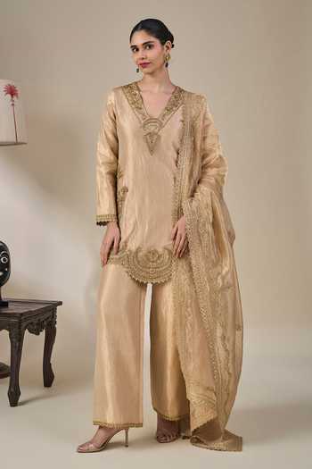 Buy_Masaba_Gold Silk, Tissue V-neck Kaju Katli Kahaani Embroidered Kurta Set _Online_at_Aza_Fashions