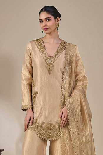 Shop_Masaba_Gold Silk, Tissue V-neck Kaju Katli Kahaani Embroidered Kurta Set _Online_at_Aza_Fashions