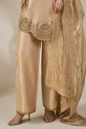 Masaba_Gold Silk, Tissue V-neck Kaju Katli Kahaani Embroidered Kurta Set _at_Aza_Fashions