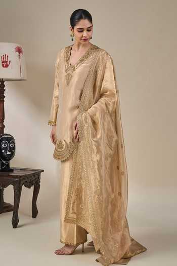 Shop_Masaba_Gold Silk, Tissue V-neck Kaju Katli Kahaani Embroidered Kurta Set 