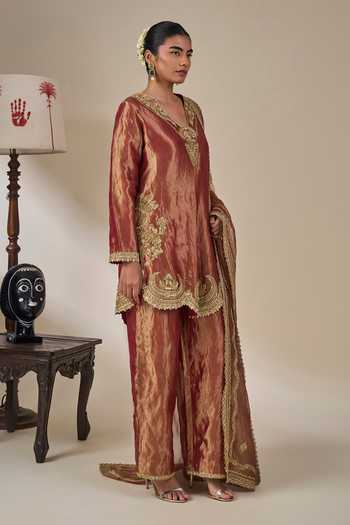 Masaba_Brown Silk, Tissue V-neck, Yes Rust Kaju Katli Kahaani Kurta Set _Online_at_Aza_Fashions