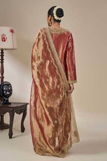 Shop_Masaba_Brown Silk, Tissue V-neck, Yes Rust Kaju Katli Kahaani Kurta Set _at_Aza_Fashions