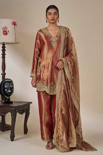 Buy_Masaba_Brown Silk, Tissue V-neck, Yes Rust Kaju Katli Kahaani Kurta Set _Online_at_Aza_Fashions