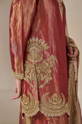 Shop_Masaba_Brown Silk, Tissue V-neck, Yes Rust Kaju Katli Kahaani Kurta Set _Online_at_Aza_Fashions