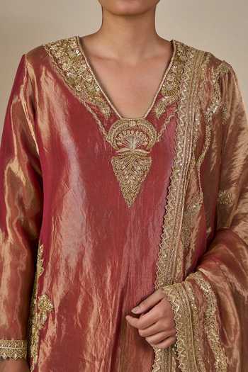 Masaba_Brown Silk, Tissue V-neck, Yes Rust Kaju Katli Kahaani Kurta Set _at_Aza_Fashions