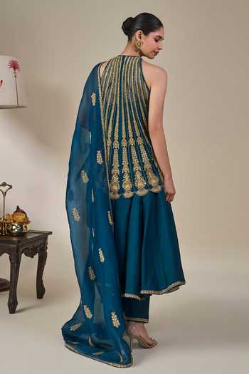Shop_Masaba_Green Silk, Net, Organza Halter Leher Ki Mehfil Embroidered Top Anarkali Set _at_Aza_Fashions
