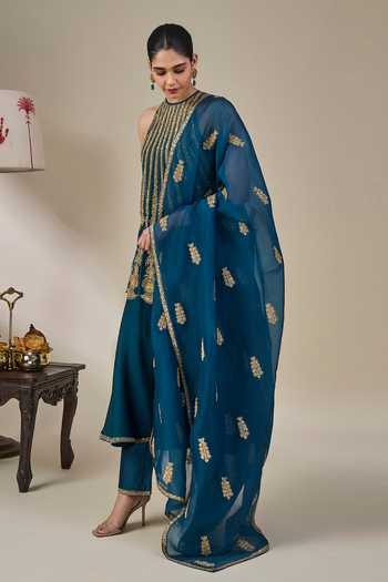 Masaba_Green Silk, Net, Organza Halter Leher Ki Mehfil Embroidered Top Anarkali Set _Online_at_Aza_Fashions