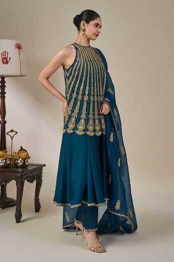 Shop_Masaba_Green Silk, Net, Organza Halter Leher Ki Mehfil Embroidered Top Anarkali Set _Online_at_Aza_Fashions