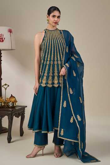 Masaba_Green Silk, Net, Organza Halter Leher Ki Mehfil Embroidered Top Anarkali Set _at_Aza_Fashions