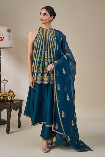 Buy_Masaba_Green Silk, Net, Organza Halter Leher Ki Mehfil Embroidered Top Anarkali Set 
