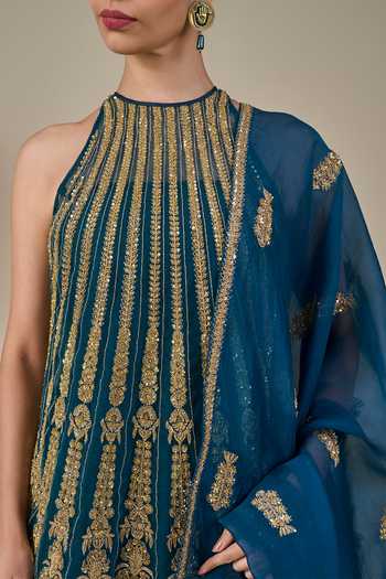 Shop_Masaba_Green Silk, Net, Organza Halter Leher Ki Mehfil Embroidered Top Anarkali Set 