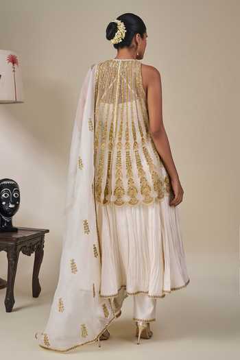 Shop_Masaba_Ivory Silk, Net, Organza Halter Leher Ki Mehfil Embroidered Top Anarkali Set _at_Aza_Fashions