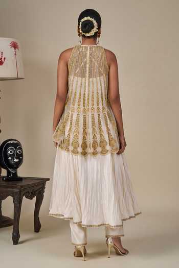 Shop_Masaba_Ivory Silk, Net, Organza Halter Leher Ki Mehfil Embroidered Top Anarkali Set _Online_at_Aza_Fashions