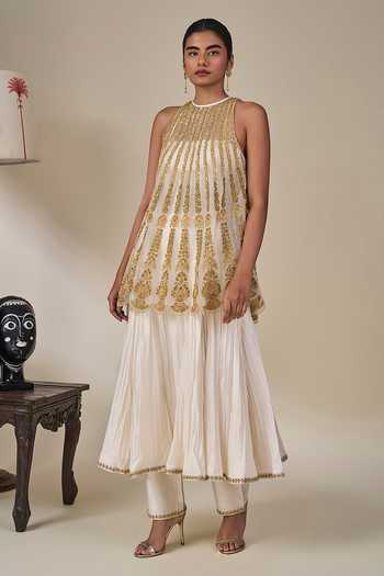 Masaba_Ivory Silk, Net, Organza Halter Leher Ki Mehfil Embroidered Top Anarkali Set _at_Aza_Fashions