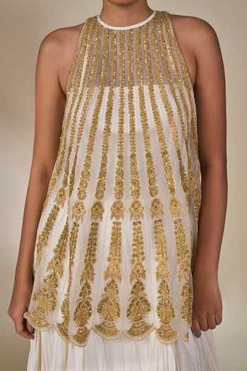Shop_Masaba_Ivory Silk, Net, Organza Halter Leher Ki Mehfil Embroidered Top Anarkali Set 