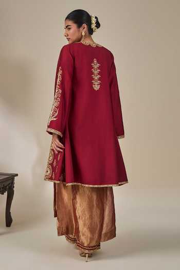 Shop_Masaba_Maroon Silk, Tissue Open Neck, V-neck, Khwaab Ki Kahaani Jacket Kurta Set _at_Aza_Fashions