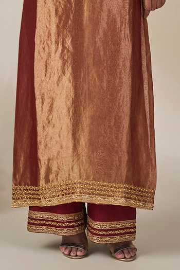 Masaba_Maroon Silk, Tissue Open Neck, V-neck, Khwaab Ki Kahaani Jacket Kurta Set _at_Aza_Fashions