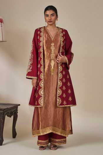 Buy_Masaba_Maroon Silk, Tissue Open Neck, V-neck, Khwaab Ki Kahaani Jacket Kurta Set 