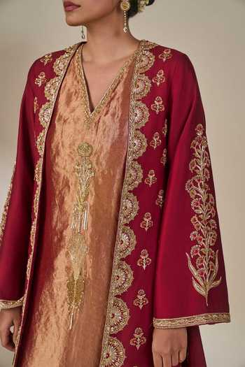 Shop_Masaba_Maroon Silk, Tissue Open Neck, V-neck, Khwaab Ki Kahaani Jacket Kurta Set 