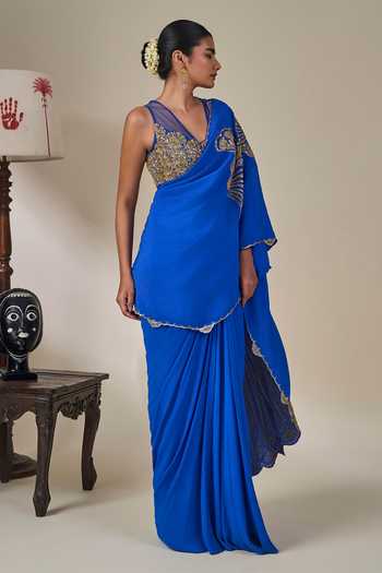 Masaba_Blue Crepe V-neck Aasmaani Afsana Pre-stitched Saree With Blouse _Online_at_Aza_Fashions
