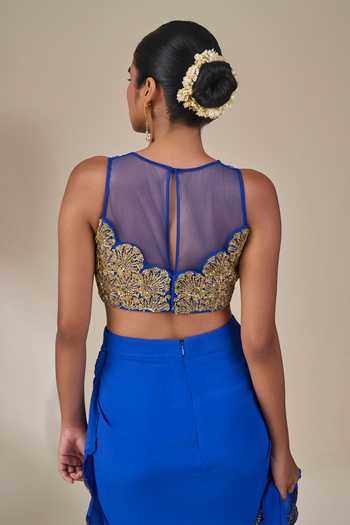 Buy_Masaba_Blue Crepe V-neck Aasmaani Afsana Pre-stitched Saree With Blouse _Online_at_Aza_Fashions