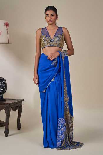 Shop_Masaba_Blue Crepe V-neck Aasmaani Afsana Pre-stitched Saree With Blouse _Online_at_Aza_Fashions
