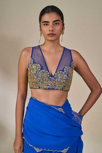 Masaba_Blue Crepe V-neck Aasmaani Afsana Pre-stitched Saree With Blouse _at_Aza_Fashions