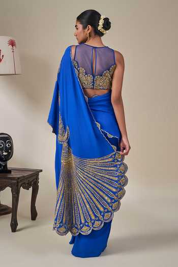 Shop_Masaba_Blue Crepe V-neck Aasmaani Afsana Pre-stitched Saree With Blouse _at_Aza_Fashions