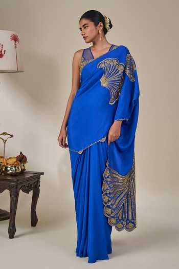 Buy_Masaba_Blue Crepe V-neck Aasmaani Afsana Pre-stitched Saree With Blouse 