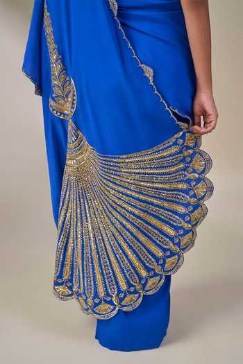 Shop_Masaba_Blue Crepe V-neck Aasmaani Afsana Pre-stitched Saree With Blouse 