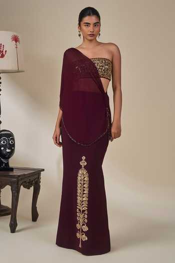Masaba_Wine Crepe, Georgette Bandeau Neck Ber Sitara Sehra Embroidered Skirt Set _Online_at_Aza_Fashions