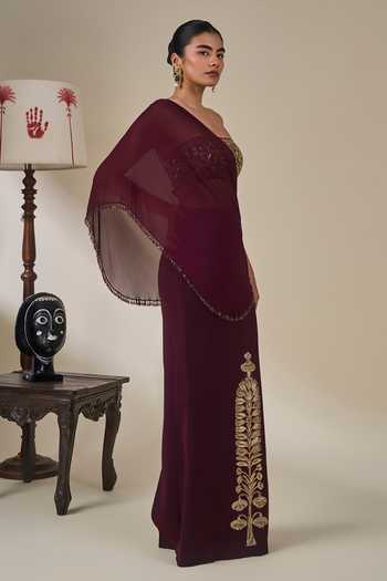 Buy_Masaba_Wine Crepe, Georgette Bandeau Neck Ber Sitara Sehra Embroidered Skirt Set _Online_at_Aza_Fashions