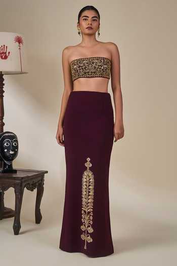 Shop_Masaba_Wine Crepe, Georgette Bandeau Neck Ber Sitara Sehra Embroidered Skirt Set _Online_at_Aza_Fashions