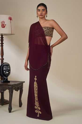 Buy_Masaba_Wine Crepe, Georgette Bandeau Neck Ber Sitara Sehra Embroidered Skirt Set _at_Aza_Fashions