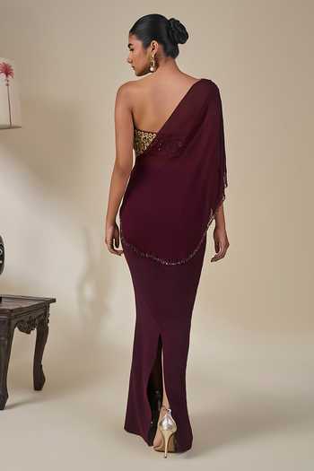 Shop_Masaba_Wine Crepe, Georgette Bandeau Neck Ber Sitara Sehra Embroidered Skirt Set _at_Aza_Fashions