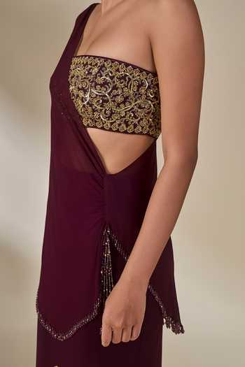 Masaba_Wine Crepe, Georgette Bandeau Neck Ber Sitara Sehra Embroidered Skirt Set _at_Aza_Fashions