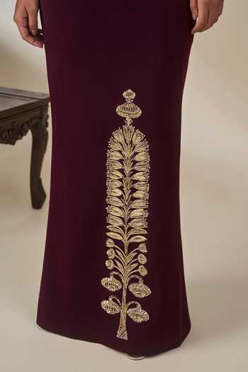 Buy_Masaba_Wine Crepe, Georgette Bandeau Neck Ber Sitara Sehra Embroidered Skirt Set 